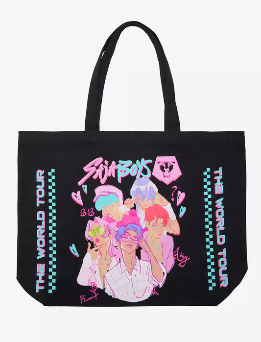 K-Pop Demon Hunters Saja Boys World Tour Black tote bag with colorful graphic design and text on a white background