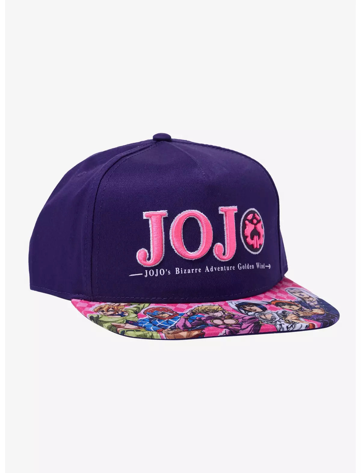 A snapback cap featuring JoJo's Bizarre Adventure Characters Snapback Hat embroidered in pink on the front, and a colorful anime character print on the brim.
