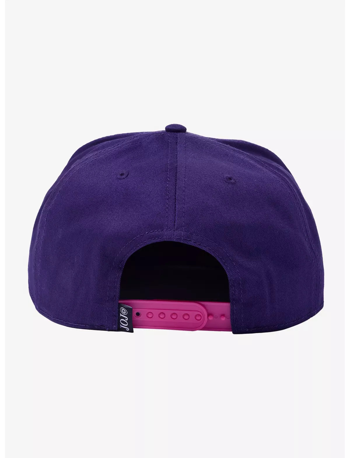 A snapback cap featuring JoJo's Bizarre Adventure Characters Snapback Hat embroidered in pink on the front, and a colorful anime character print on the brim.