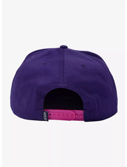 A snapback cap featuring JoJo's Bizarre Adventure Characters Snapback Hat embroidered in pink on the front, and a colorful anime character print on the brim.