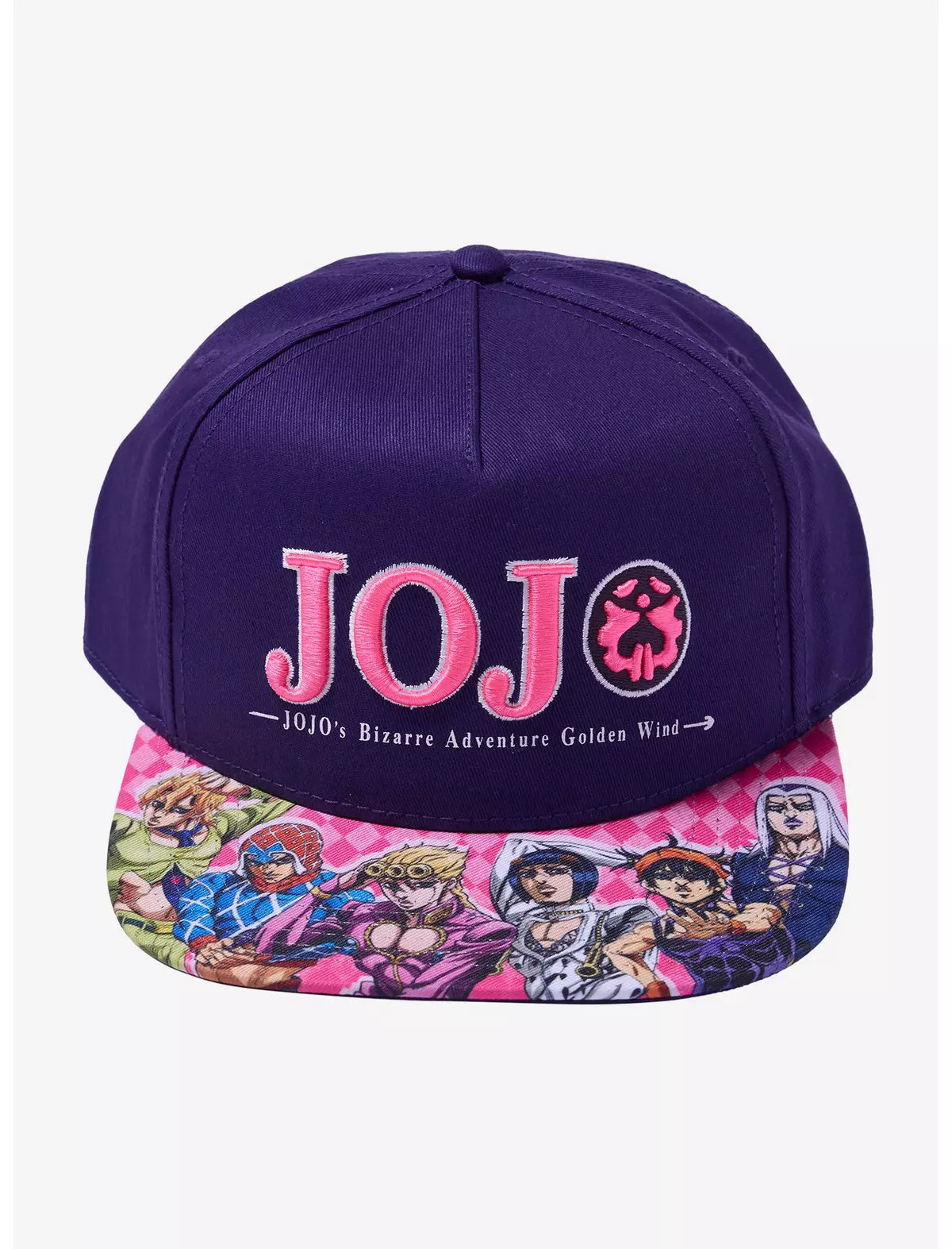 A snapback cap featuring JoJo's Bizarre Adventure Characters Snapback Hat embroidered in pink on the front, and a colorful anime character print on the brim.