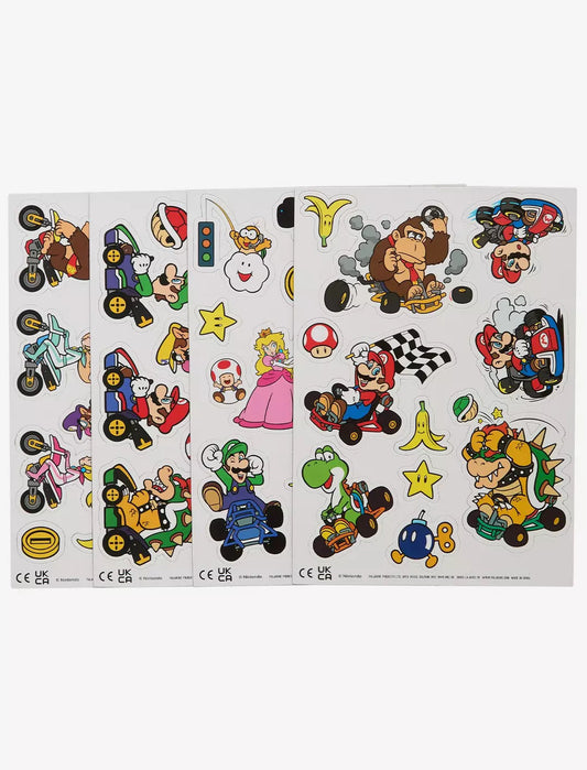 A sheet of colorful Super Mario character stickers on a white backing, featuring Mario, Luigi, Yoshi, Bowser, Princess Peach, Toad, and other iconic game elements.