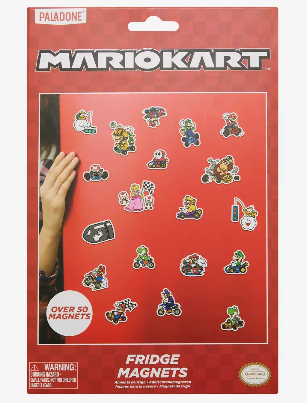 Nintendo Paladone Mario Kart Fridge Magnets set in its original retail packaging, featuring various colorful character magnets on a red backing card.