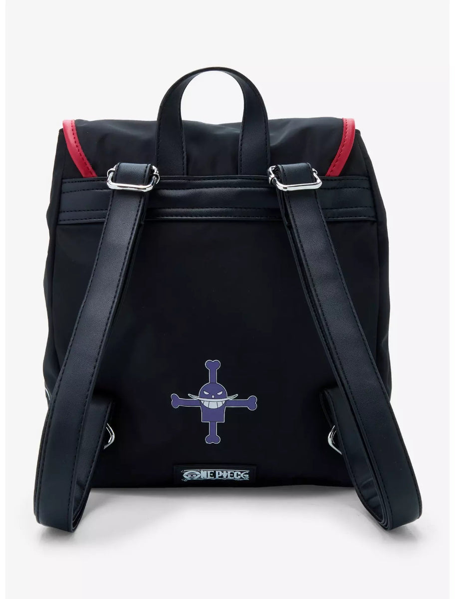 Black one piece backpack with a skull and crossbones design on a white background