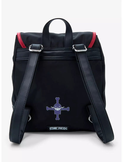 Black one piece backpack with a skull and crossbones design on a white background