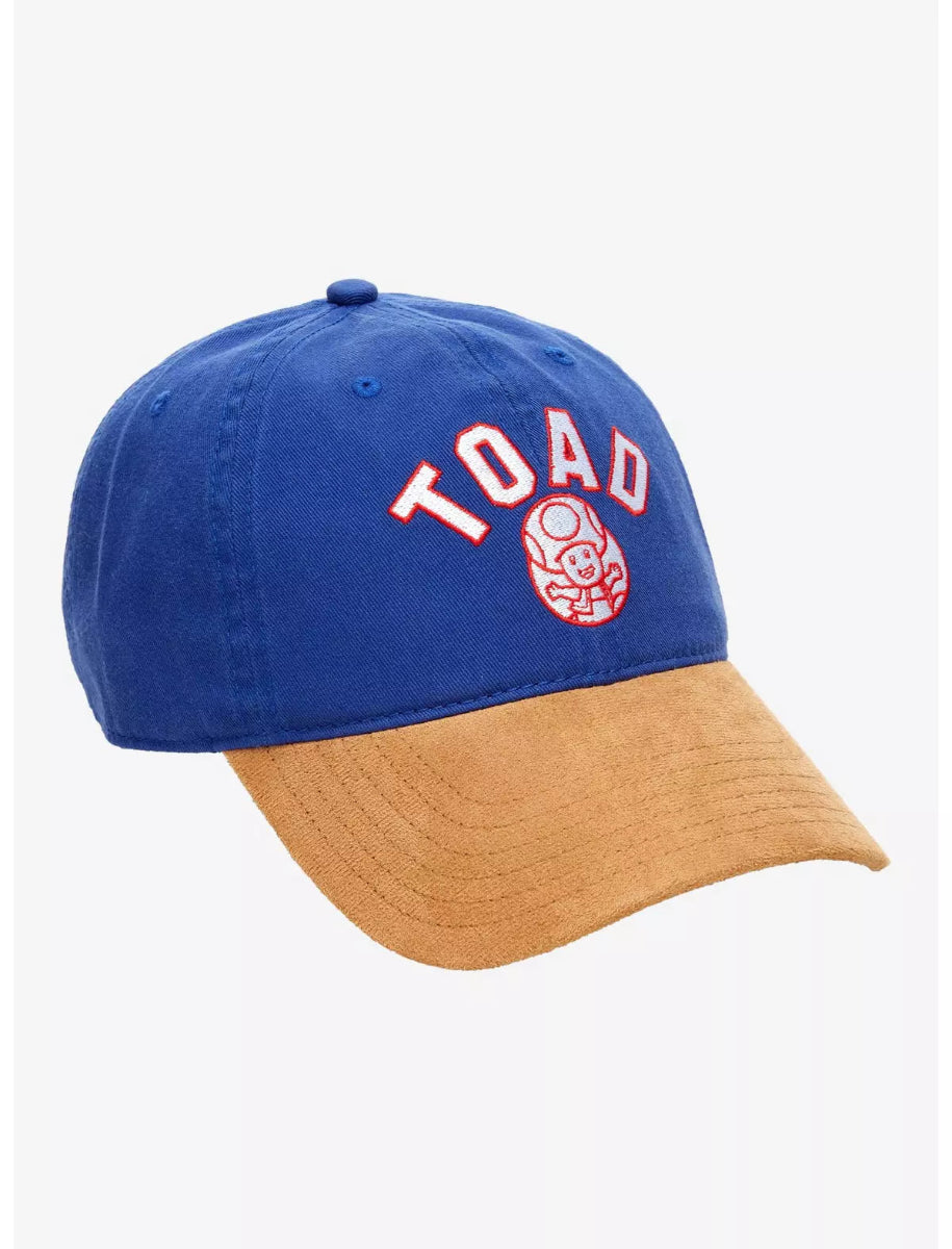 Blue and brown cap with Nintendo Super Mario Bros. Toad logo on a white background