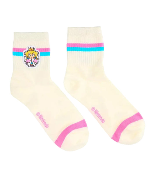 Pair of socks with colorful bands and a Super Mario Bros. Princess Peach character design on a white background