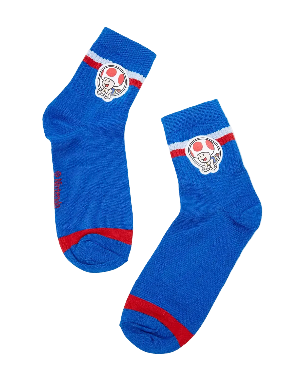 Pair of blue socks with Super Mario Bros. Toad red accents on a white background