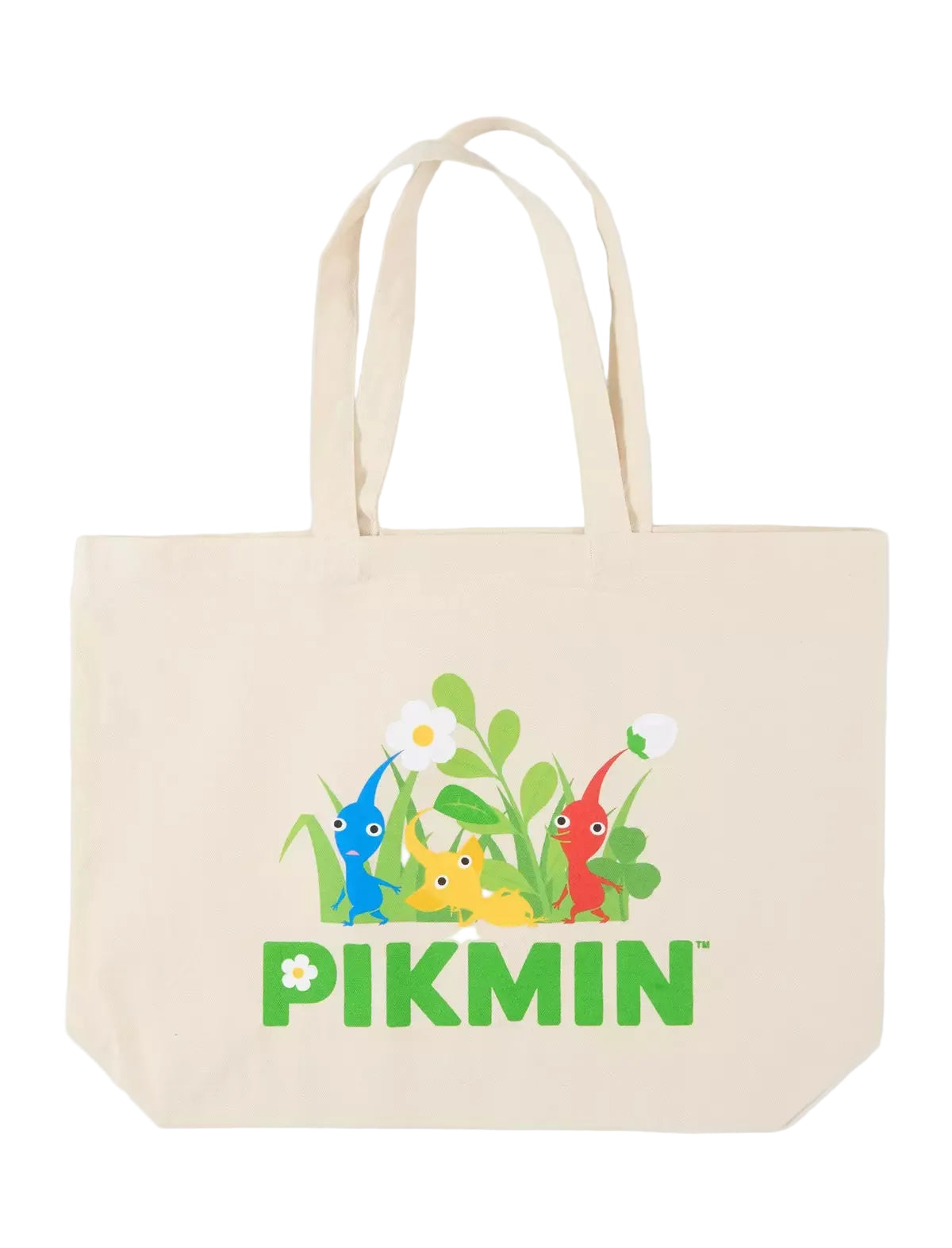 A beige canvas tote bag featuring a colorful graphic of Pikmin characters in green grass with the word 'PIKMIN' printed below in green, on a clean white background.
