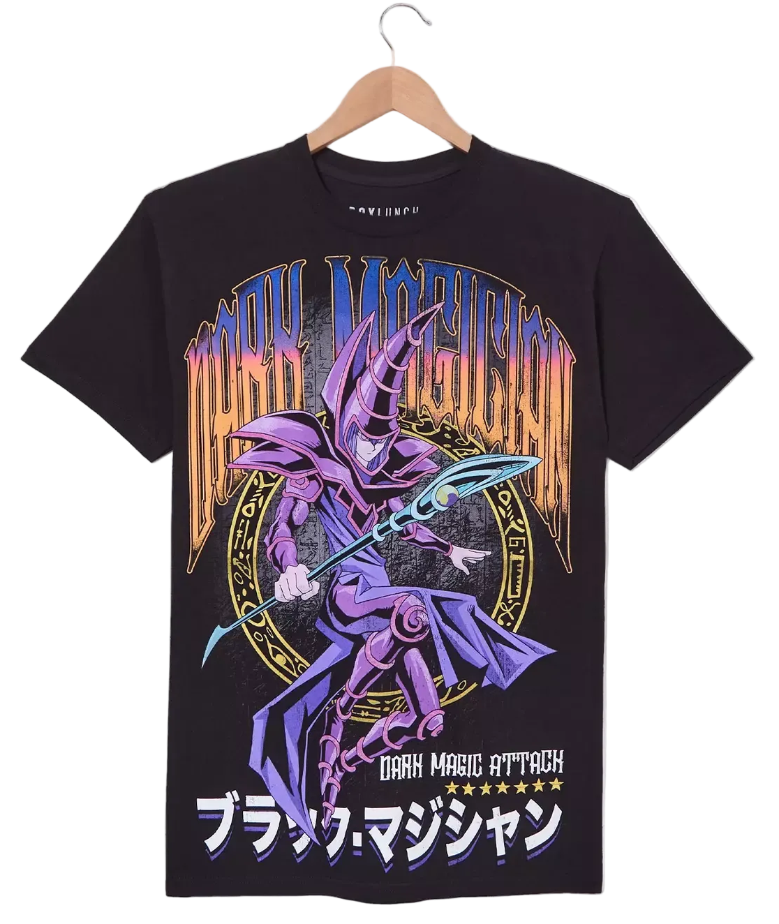 A black short-sleeve graphic t-shirt hanging on a wooden hanger against a light gray background. The shirt features a large front print of the Yu-Gi-Oh! character Dark Magic Attack, with purple, orange, and blue details, and Japanese text at the bottom.