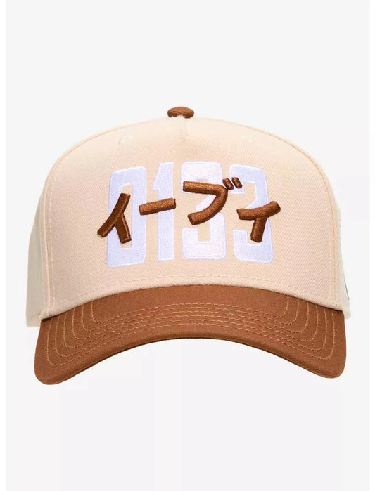 A structured baseball cap with a Pokémon Eevee Pokédex Number, a brown curved brim, and white embroidered numbers with brown stylized lettering on the front, shown against a plain light gray background.