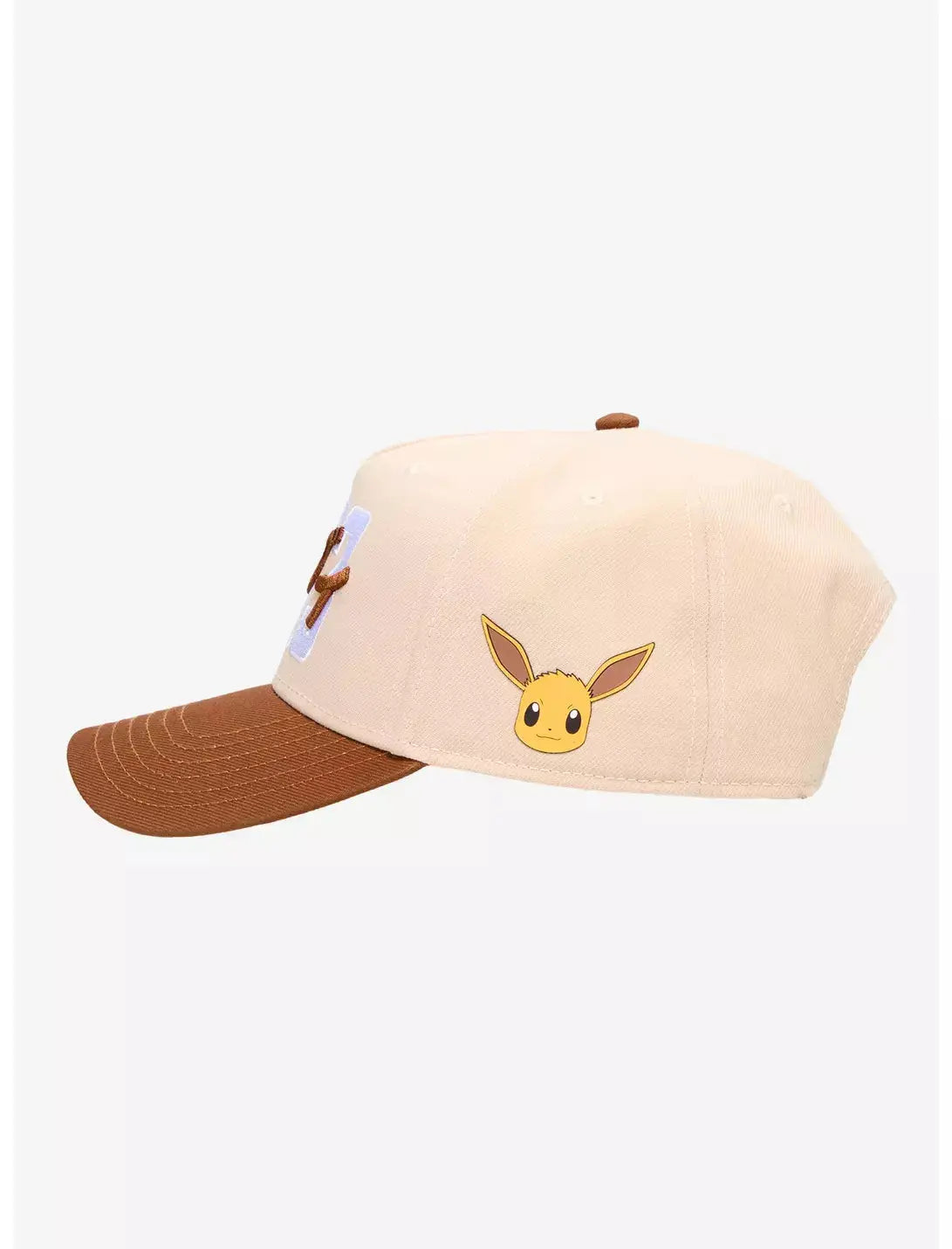 A structured baseball cap with a Pokémon Eevee Pokédex Number, a brown curved brim, and white embroidered numbers with brown stylized lettering on the front, shown against a plain light gray background.