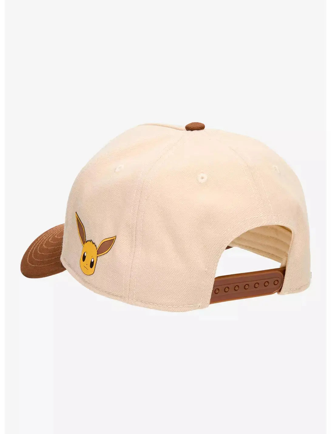 A structured baseball cap with a Pokémon Eevee Pokédex Number, a brown curved brim, and white embroidered numbers with brown stylized lettering on the front, shown against a plain light gray background.
