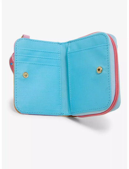 A small light blue zip-around wallet shown open, with multiple card slots on the left, gold-tone snap buttons, and a pink zipper trim on a white background.