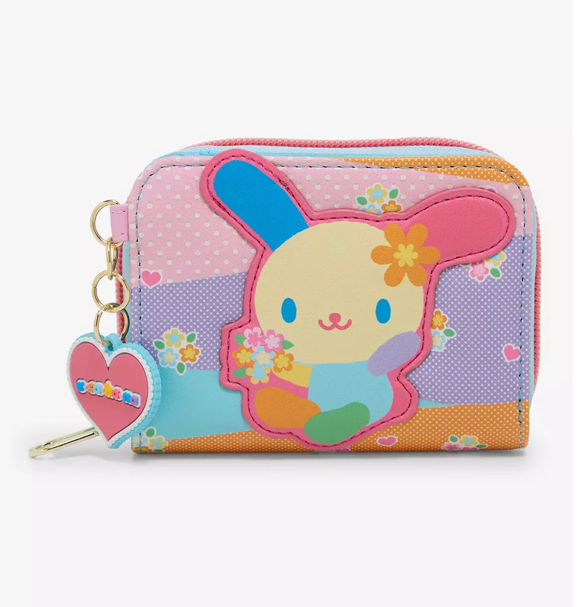A pastel-colored zip-around coin purse featuring a cartoon bunny character from Sanrio holding flowers, with a dangling heart-shaped charm, shown on a plain white background.