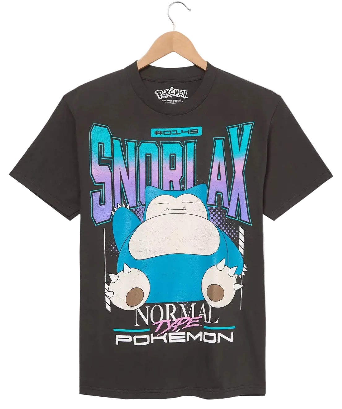 A black short-sleeve graphic T-shirt hanging on a wooden hanger against a light gray background. The shirt features a large front print with the word 'SNORLAX' in blue and purple, a blue and white Snorlax character, and the text 'NORMAL Type POKEMON' below.