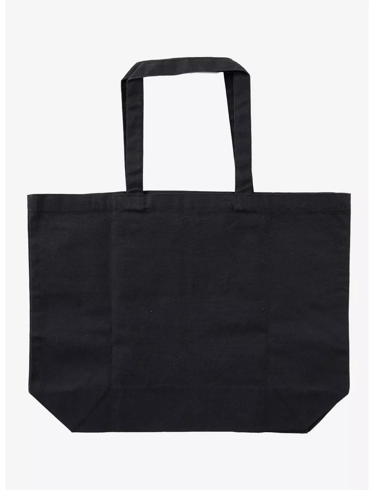 A plain black canvas tote bag with two shoulder straps, shown flat against a light gray background.