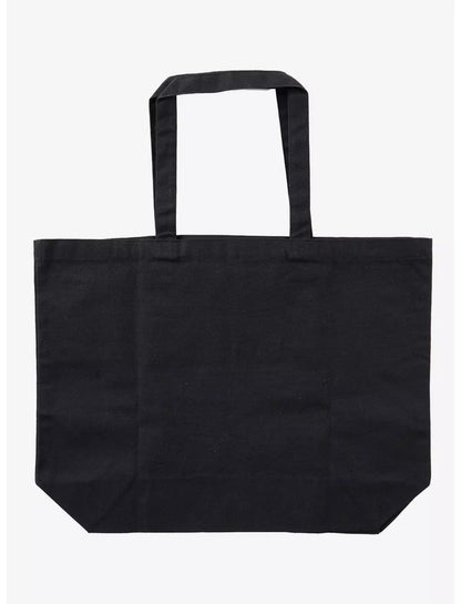 A plain black canvas tote bag with two shoulder straps, shown flat against a light gray background.