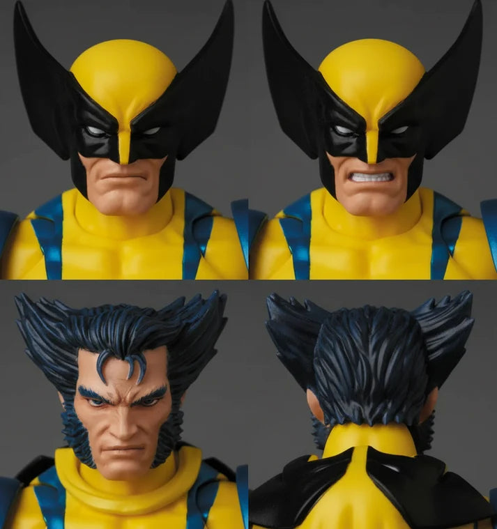 MAFEX No.096 Wolverine X-Men Action Figure of a superhero in yellow and blue costume with claws on a gray background