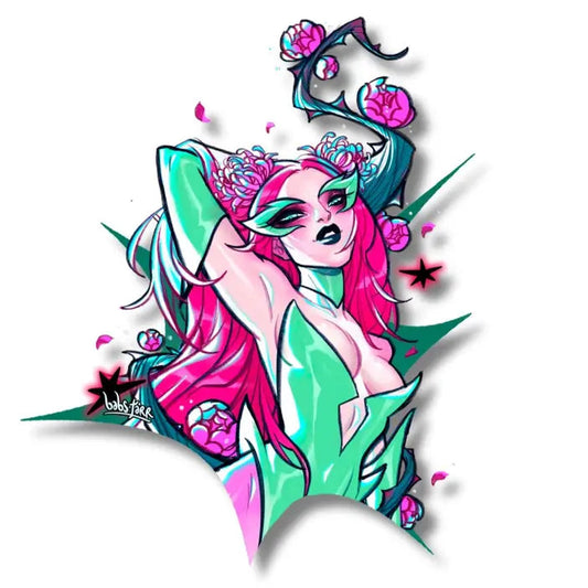 A stylized illustrated female figure of Batmans Poison Ivy with bright pink hair, green and pink clothing, and floral elements on a white background. The artwork appears to be the product itself rather than a photo of a physical object, so this fits Scenery under the schema for art/prints/posters where the depicted scene is the product.
