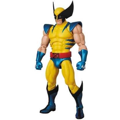 MAFEX No.096 Wolverine X-Men Action Figure in a yellow and blue costume with claws on a white background