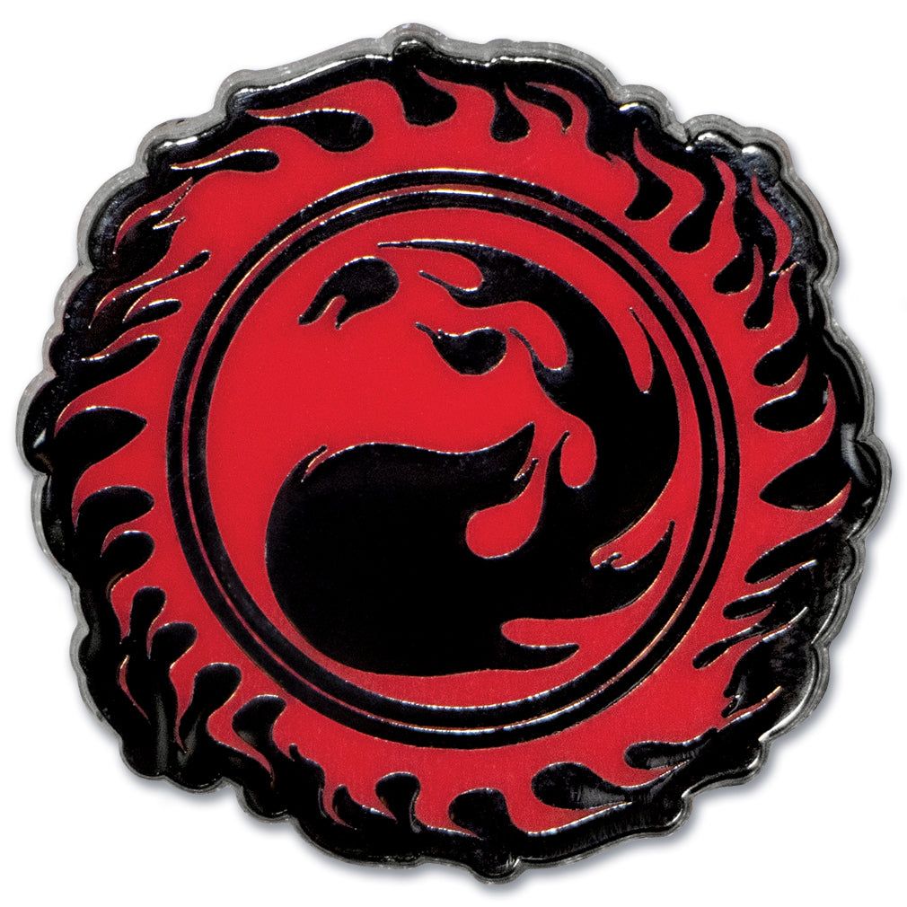 Enamel pin with red mountain fire mana from Magic: The Gathering available at chimploot.com