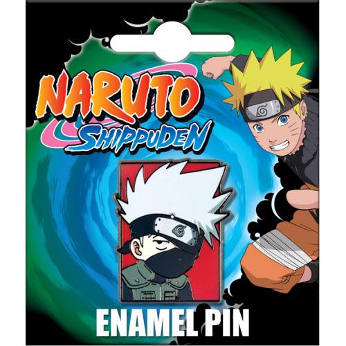 Naruto Shippuden enamel pin on its original retail blister card packaging, featuring Naruto and Kakashi Hatake illustrations.