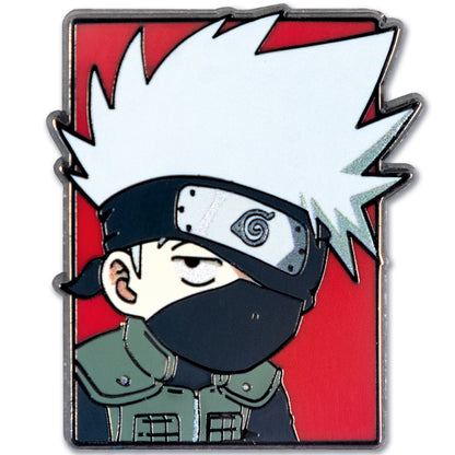 A stylized enamel pin or badge featuring a cartoon character with spiky white hair, a black headband, and a black face covering against a red background with a silver border.