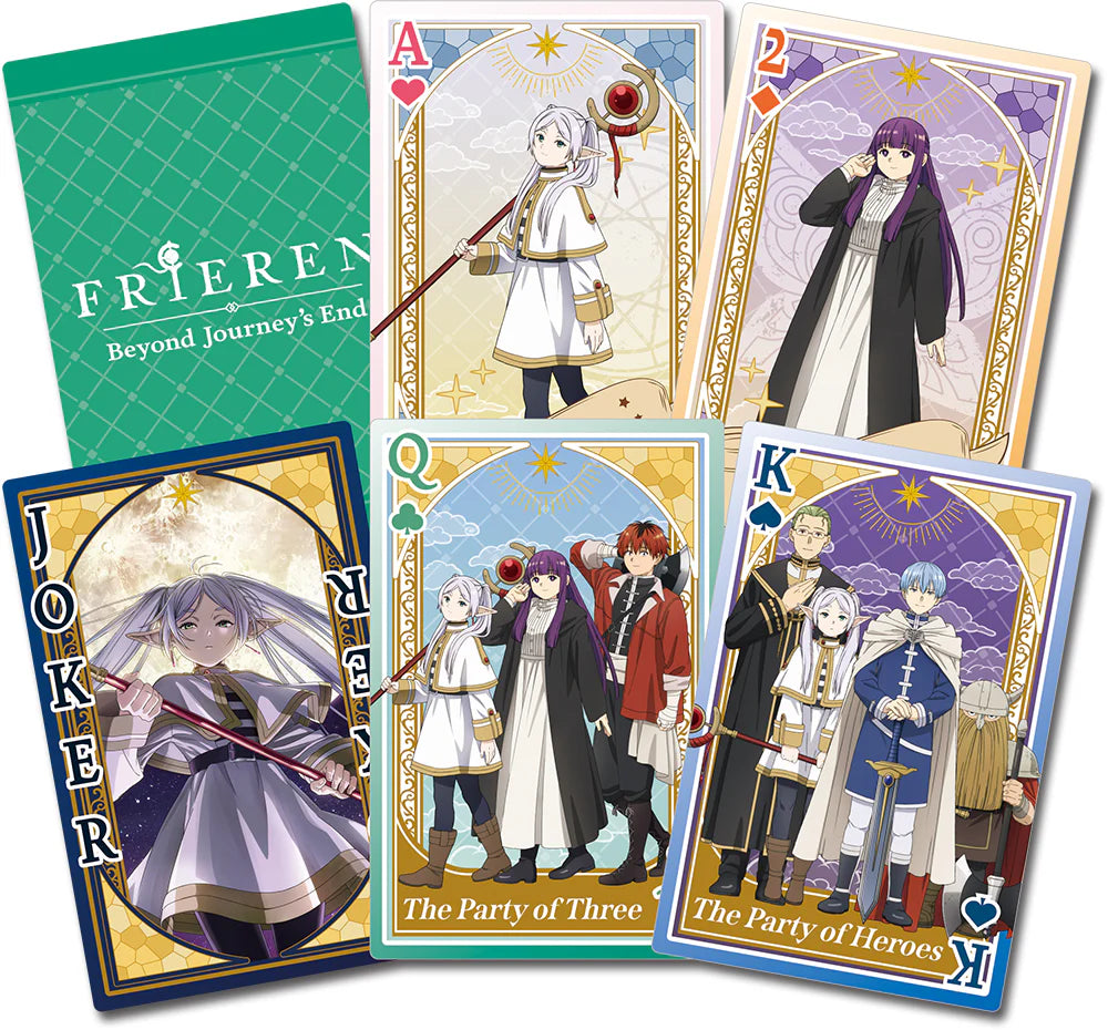 Set of illustrated playing cards with Frieren Beyond Journey's End character designs on a white background available now at chimploot.com