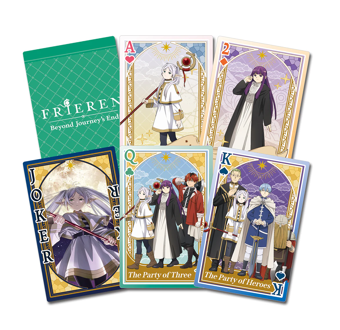 Set of illustrated playing cards with Frieren Beyond Journey's End character designs on a white background available now at chimploot.com