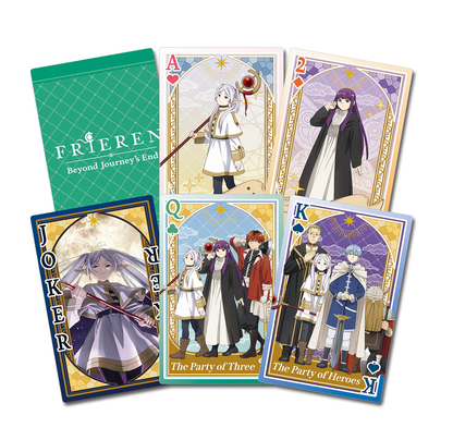 Set of illustrated playing cards with Frieren Beyond Journey's End character designs on a white background available now at chimploot.com