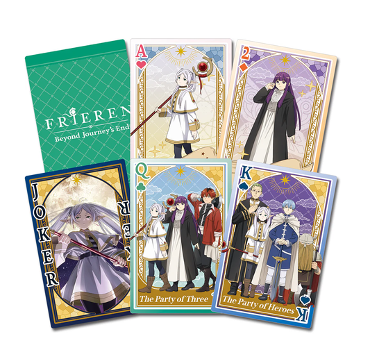 Set of illustrated playing cards with Frieren Beyond Journey's End character designs on a white background available now at chimploot.com