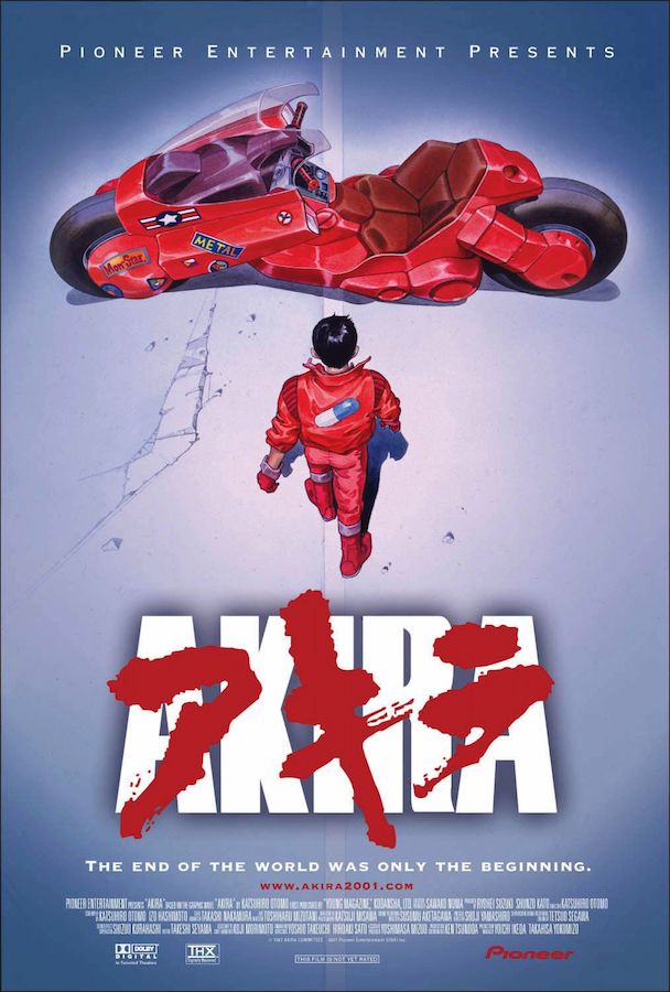 Promotional poster for 'Akira' featuring a red motorcycle and character on a blue background.