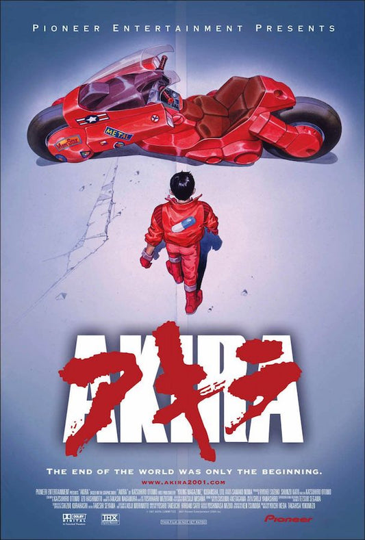 Promotional poster for 'Akira' featuring a red motorcycle and character on a blue background.
