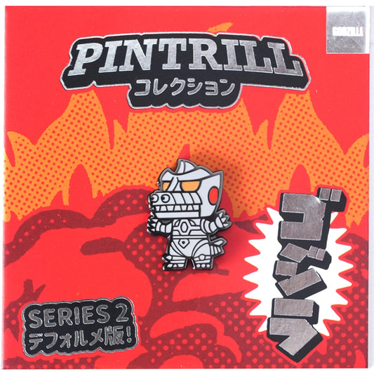 A collectible enamel pin of the character chibi mechagodzilla