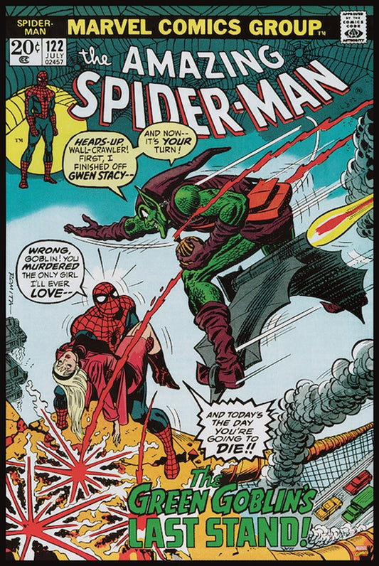 Comic book cover featuring Spider-Man and the Green Goblin with text and action lines.