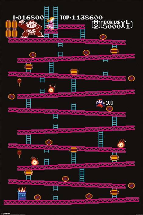 Pixelated Dokey Kong video game level with Mario character and platforms on a black background