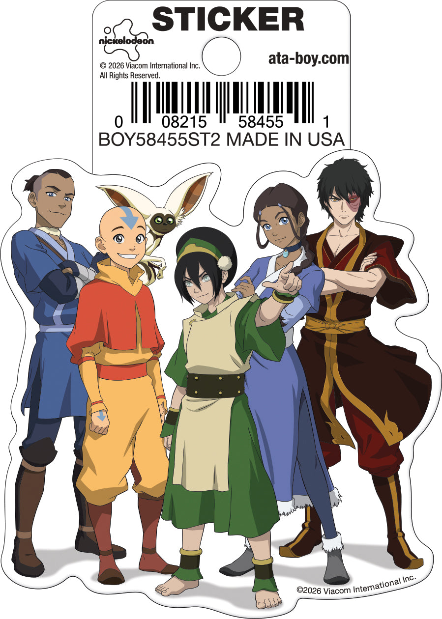 A die-cut sticker featuring characters from Avatar: The Last Airbender, with a header card showing the product title 'STICKER', barcode, website ata-boy.com, and Vacom branding.