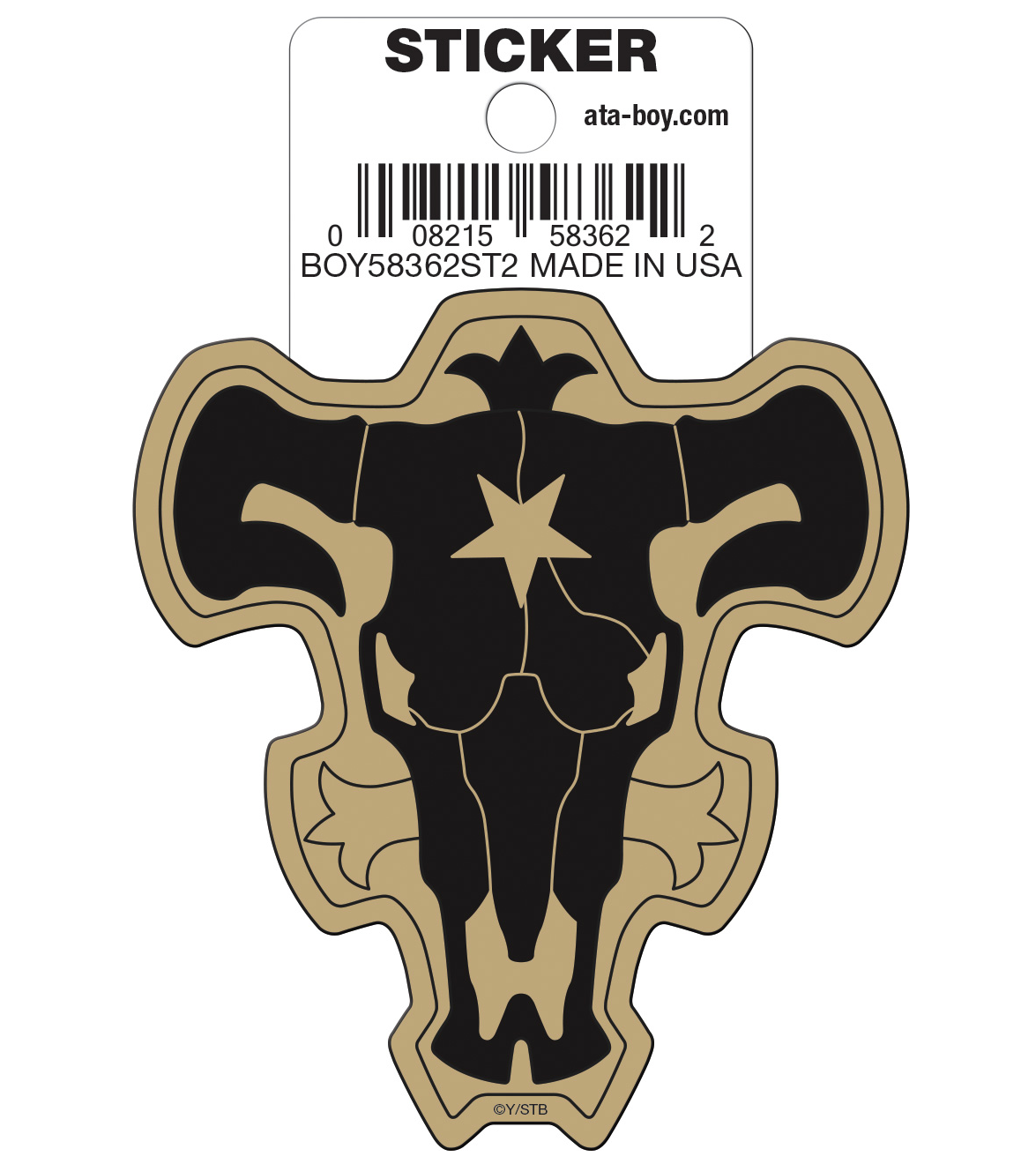 A Black Clover Black Bull Die Cut Sticker on a white backing card. The sticker is black with a tan outline and a tan star in the center.
