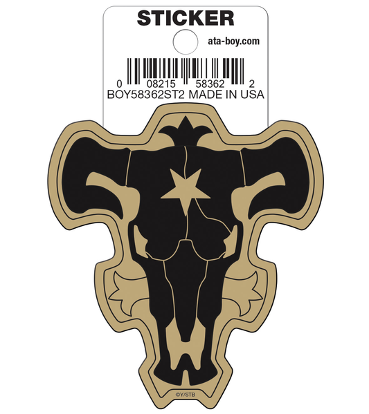 A Black Clover Black Bull Die Cut Sticker on a white backing card. The sticker is black with a tan outline and a tan star in the center.