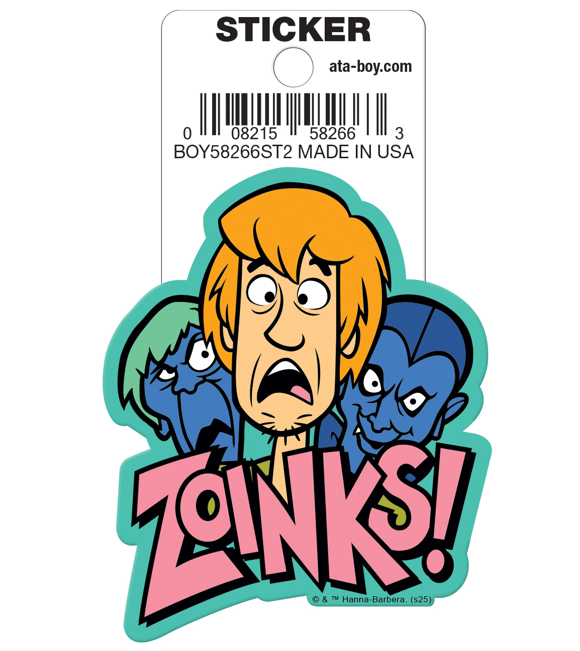A cartoon sticker featuring the character Shaggy from Scooby-Doo with the word 'Zoinks!' in large pink letters, shown with its retail header card on a white background.