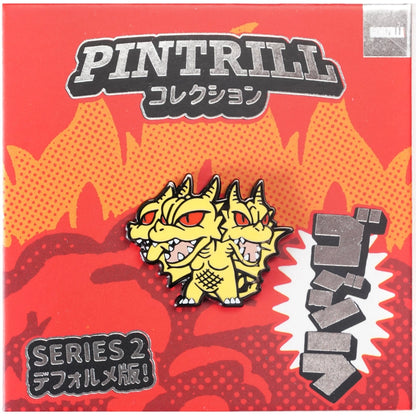 Godzilla Chibi King Ghidorah enamel pin from the Pintrill Collection Series 2, displayed on its original red and orange backing card.