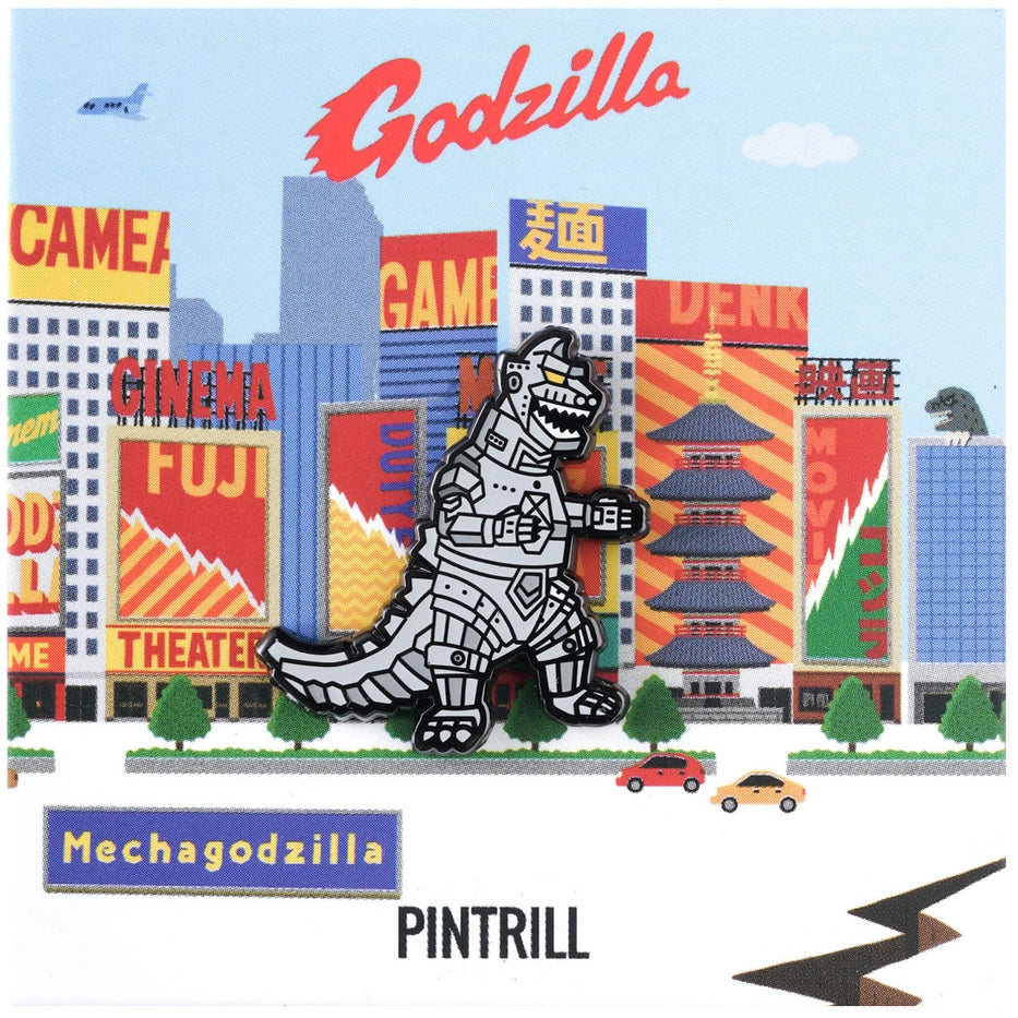 Mechagodzilla pin in a cityscape with colorful buildings and 'Pintrill' branding.