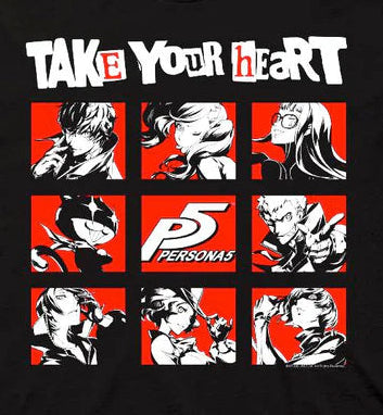 Black t-shirt with Persona 5 graphic design and text on a white background