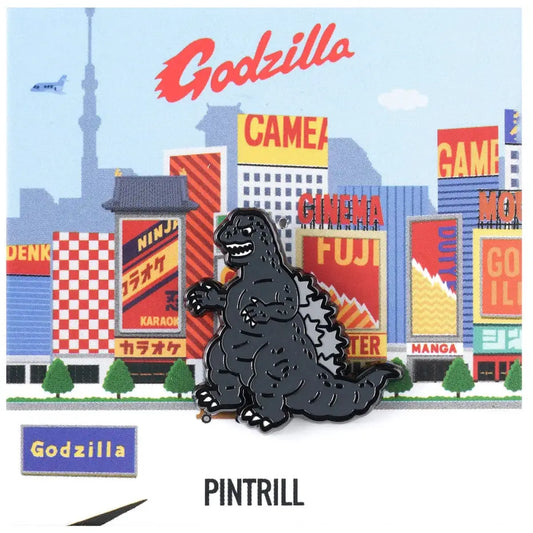 Godzilla pin with a cityscape background featuring various signs and buildings.
