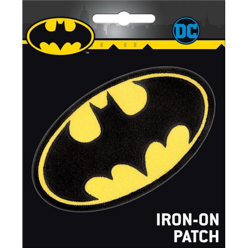 Batman iron-on patch in packaging with DC comics logo available at chimploot.com