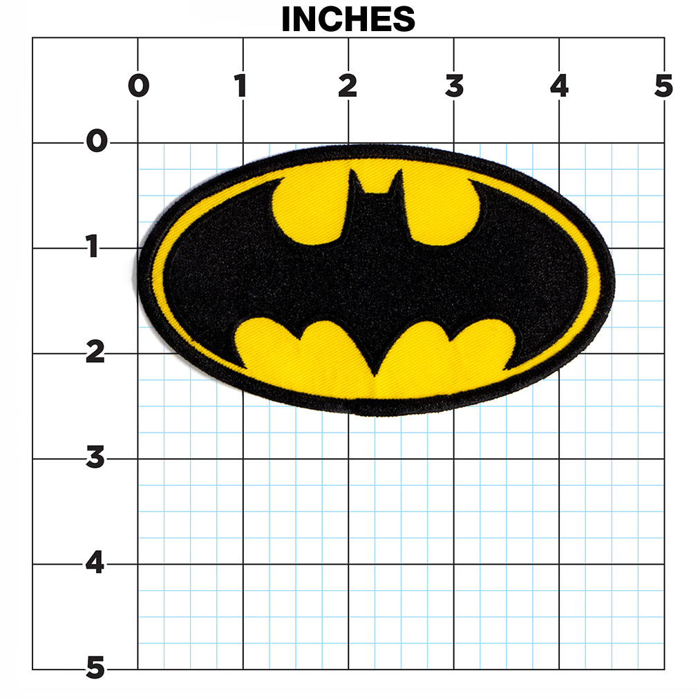 Batman iron-on patch in packaging with DC comics logo available at chimploot.com