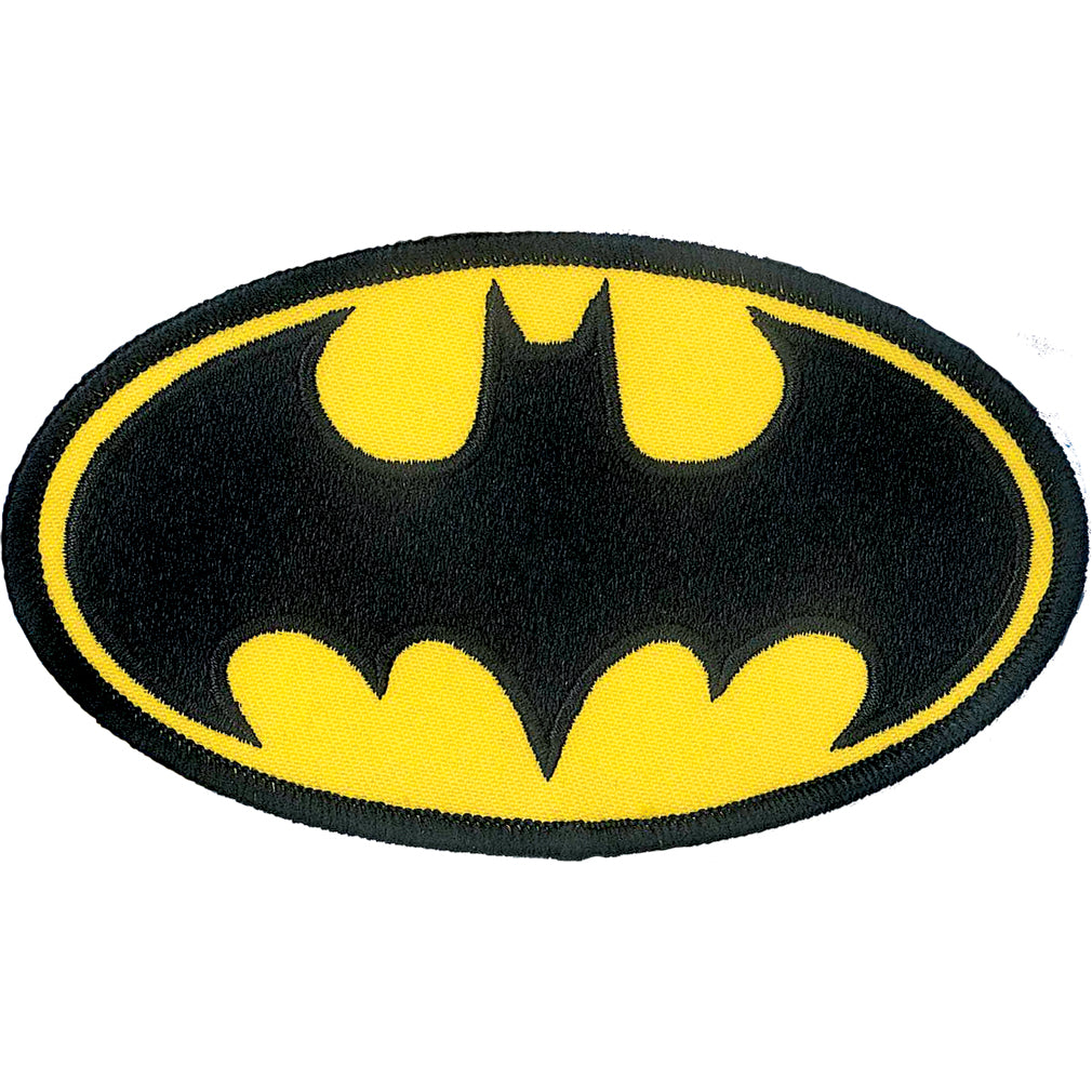 Batman iron-on patch in packaging with DC comics logo available at chimploot.com
