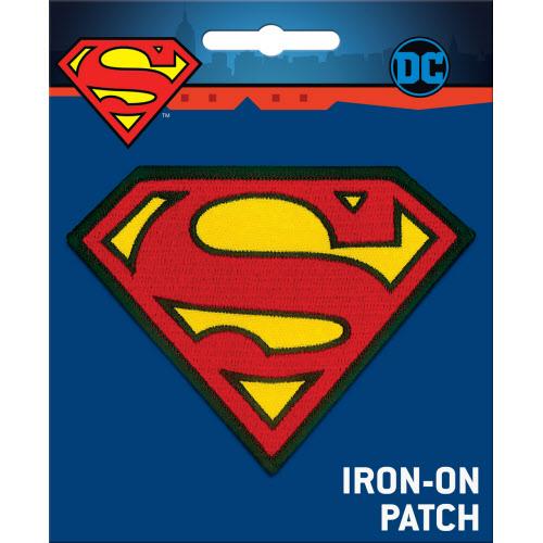 Superman iron-on patch with DC logo on a blue background