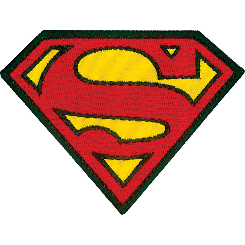 Superman logo patch with red, yellow, and black colors on a white background